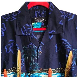 Favant Mens M Hawaiian Shirt Aloha Surfboard Palm‎ Tree Beach Print 100% Cotton